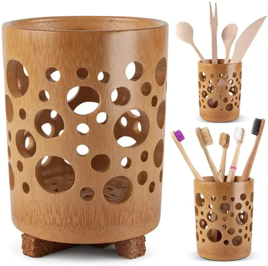 Handcrafted bamboo bathroom organizer for toothbrushes, natural design with ventilation holes.