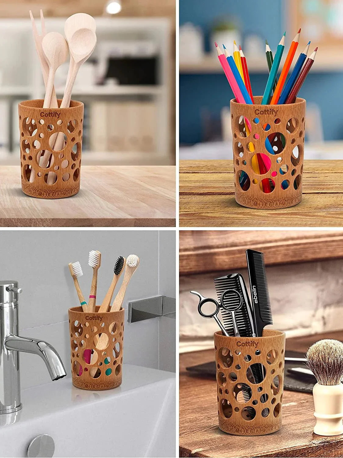 BANOBU™ Bamboo Holder used as versatile bathroom organizer for toothbrushes, makeup brushes, and kitchen utensils.