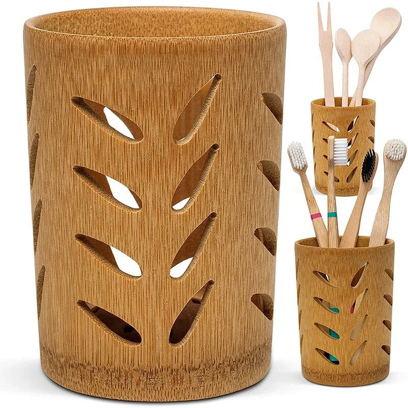 Bamboo bathroom organizer for toothbrushes with ventilation holes.