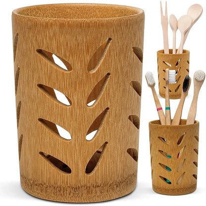 Bamboo bathroom organizer for toothbrushes with ventilation holes.