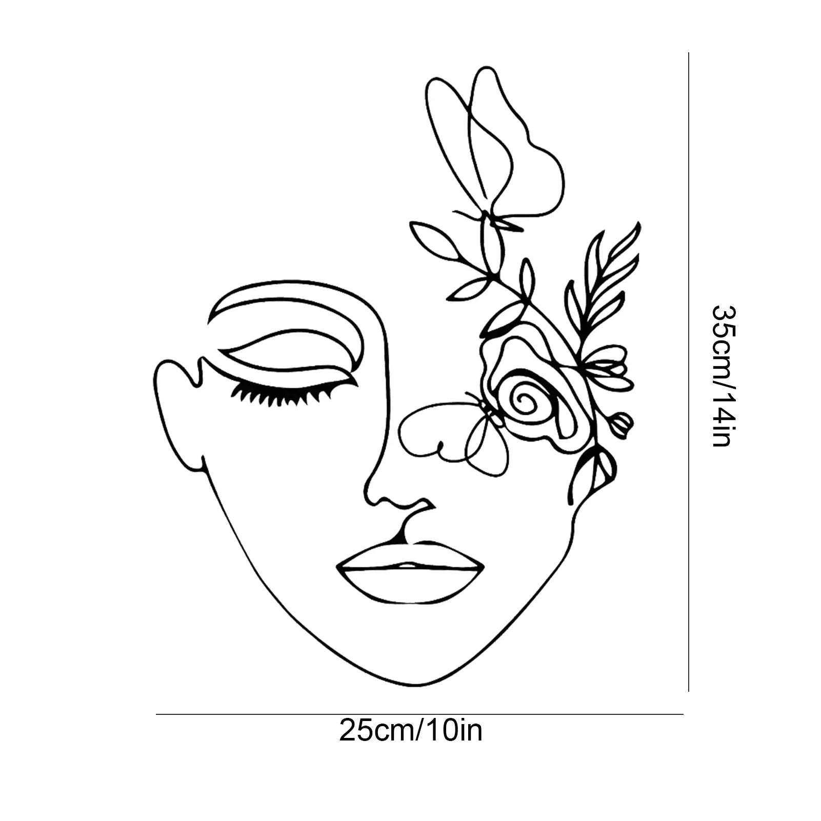 Botanical art line drawing of a feminine face with floral accents, 25x35 cm wall mural.