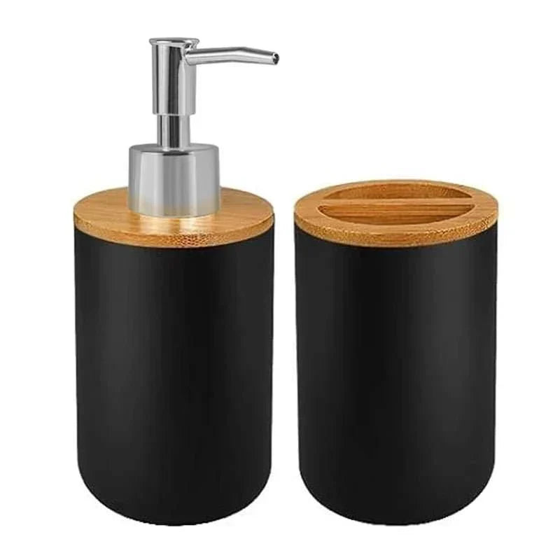 Matte ceramic soap dispenser and cup set with bamboo accents.