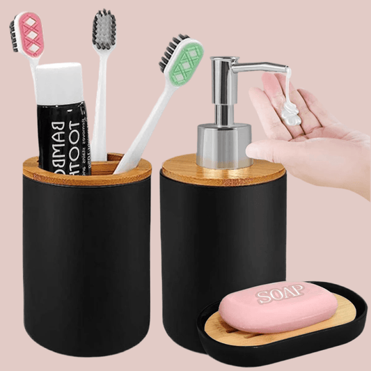 Matte ceramic soap dispenser set with cup, featuring toothbrush holder and soap dish.