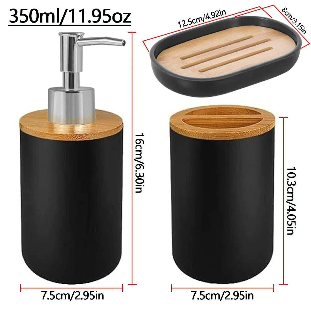 Matte ceramic soap dispenser set with cup and bamboo accents.