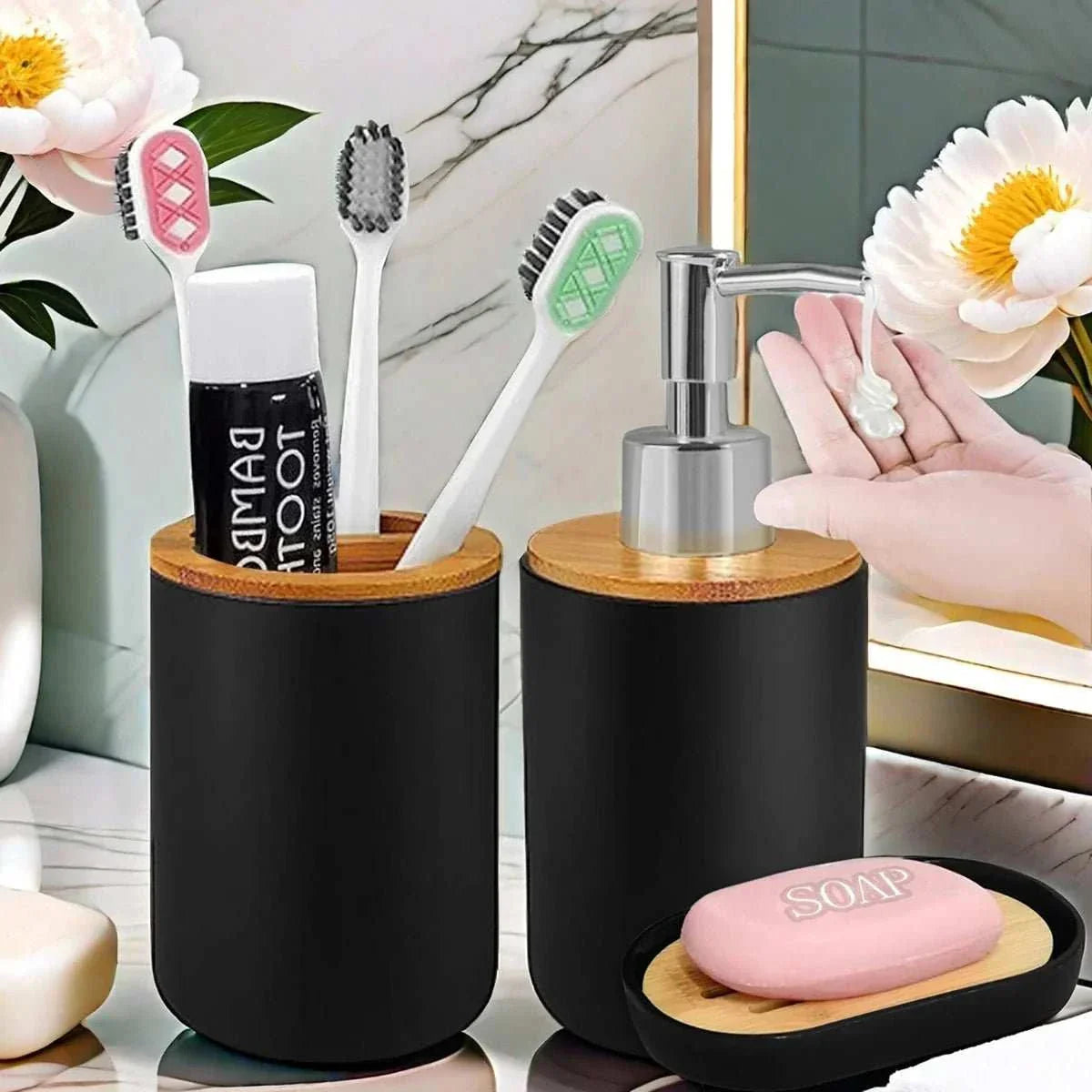 Matte ceramic soap dispenser and cup bathroom set with toothbrush holder.