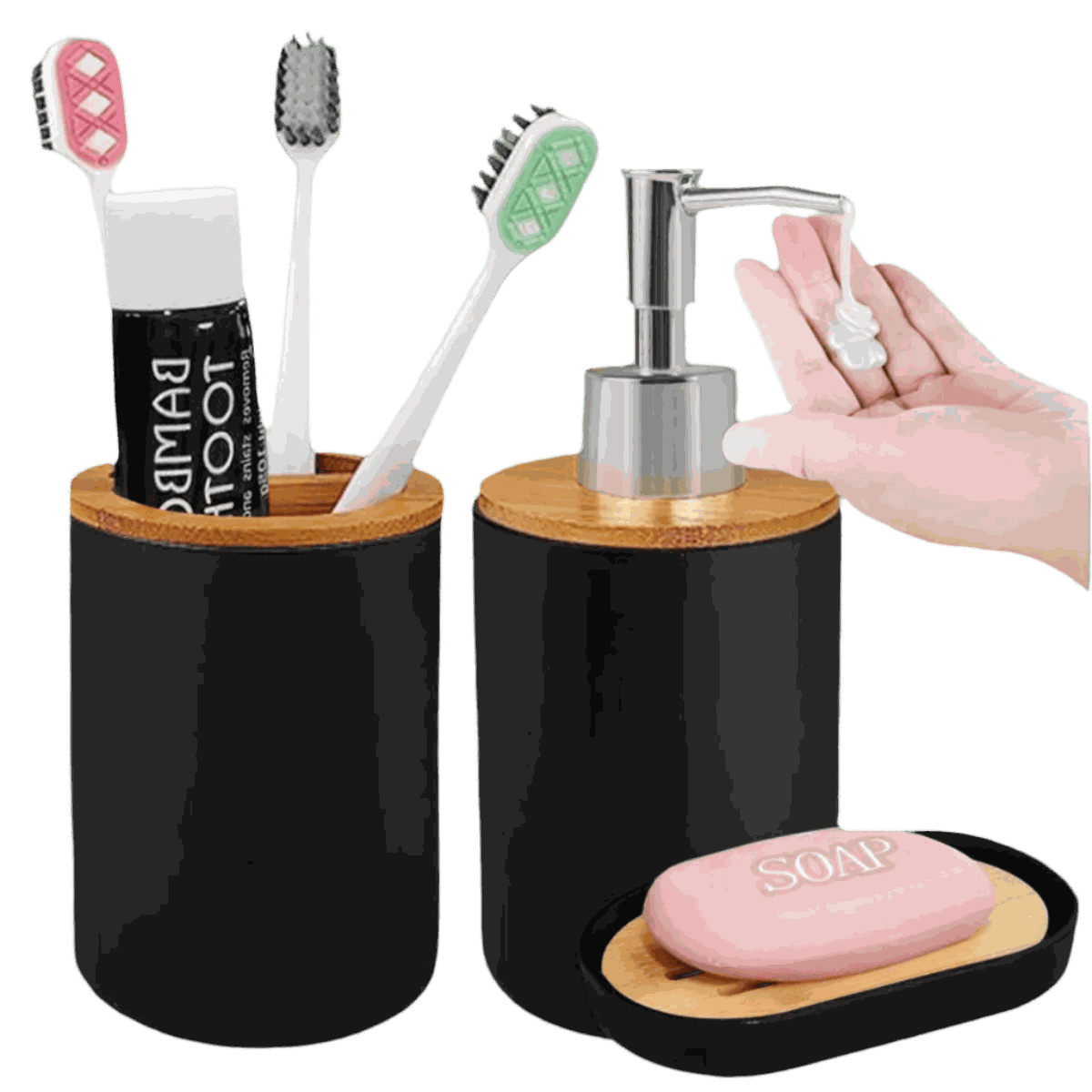 Matte ceramic soap dispenser set with cup in bathroom setting.