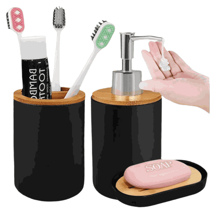 Matte ceramic soap dispenser set with cup in bathroom setting.