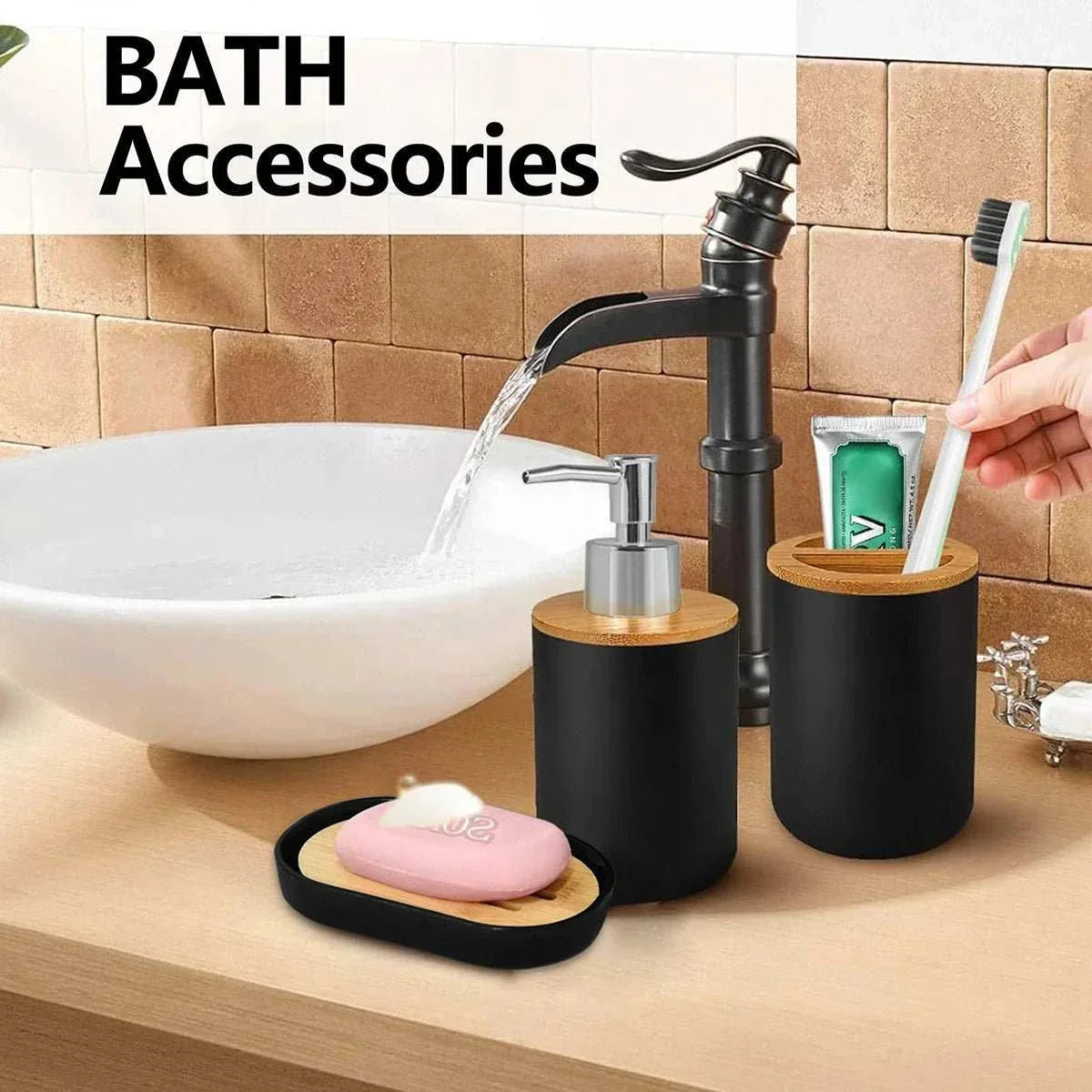 Matte ceramic soap dispenser and cup set on a bathroom counter.