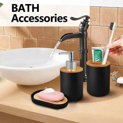 Matte ceramic soap dispenser and cup set on a bathroom counter.