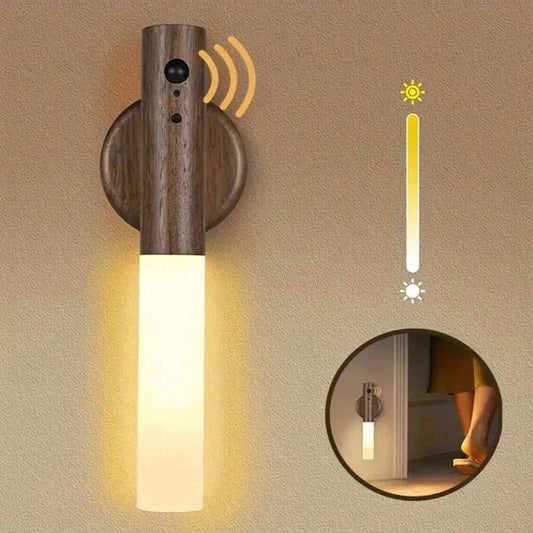 Rechargeable night light with wood finish, motion sensor, and warm LED glow.