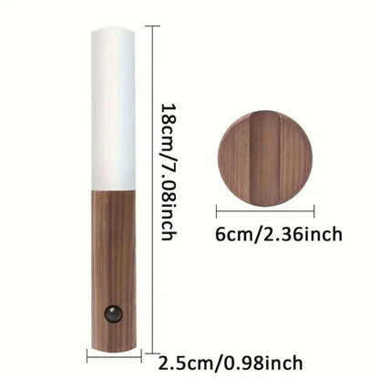 Rechargeable LED night light with motion sensor, wood finish, and dimensions.