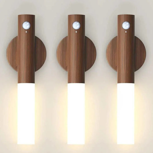 Rechargeable motion sensor night light with wood finish and LED illumination.