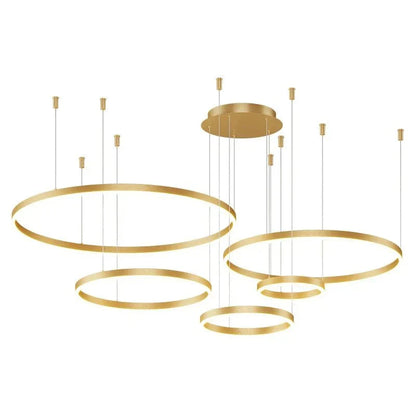 Modern gold LED pendant ceiling light fixture with adjustable rings.