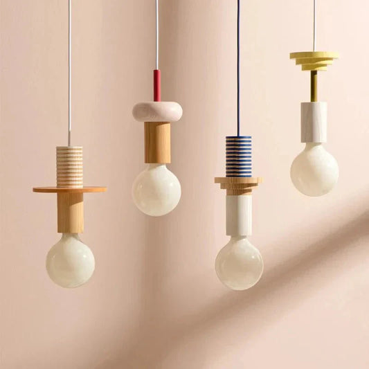 Colorful CADOT™ LED pendant lights with geometric shapes and wooden accents, featuring E27 LED bulbs.