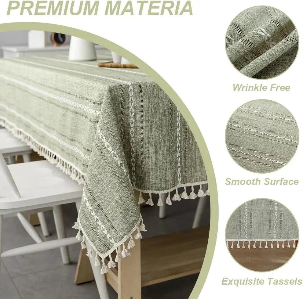 Premium Centrarin tablecloth with wrinkle-free linen texture, smooth surface, and exquisite tassels, perfect for everyday use.