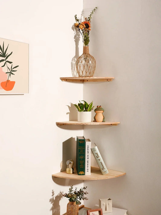 wooden corner wall shelves with decorative items