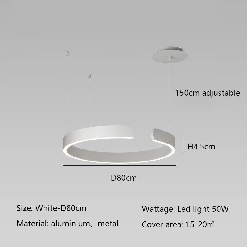 Minimalist geometric LED pendant light with aluminum construction, 80cm diameter, adjustable height, modern style for 15-20 square meters.