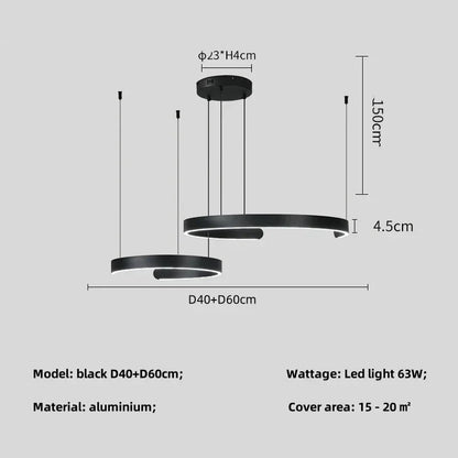 Minimalist geometric LED pendant light with black aluminum construction, featuring adjustable double rings and a 63W LED chip for 15-20m² coverage.