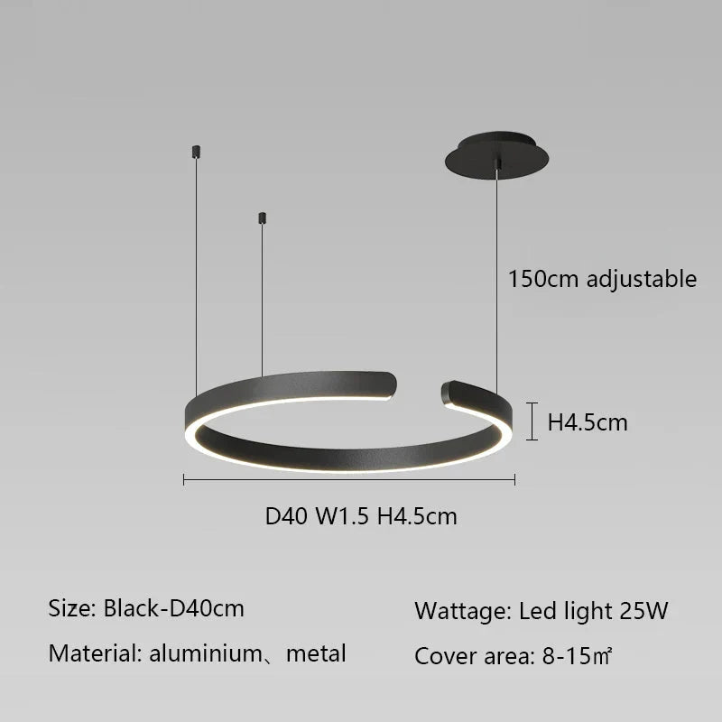 Minimalist geometric LED pendant light with adjustable ceiling cord, black aluminum finish, 25W wattage, suitable for 8-15m² area.