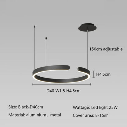 Minimalist geometric LED pendant light with adjustable ceiling cord, black aluminum finish, 25W wattage, suitable for 8-15m² area.
