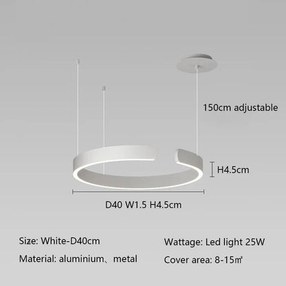 Minimalist geometric LED pendant light in white, aluminum metal, 25W, adjustable height, covering 8-15 square meters.