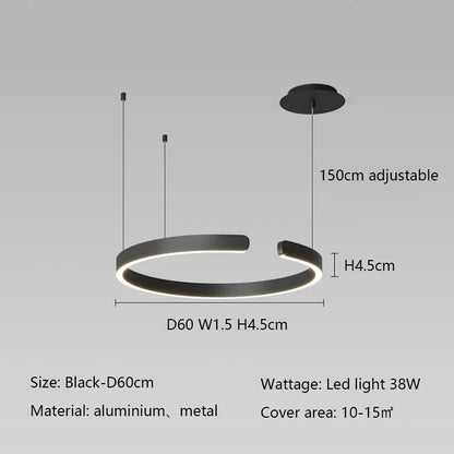 Minimalist black LED pendant light with adjustable cord, aluminum and metal construction, 150cm length, covering area of 10-15 square meters.