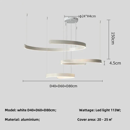 Minimalist geometric LED pendant light with white aluminum rings, dimensions D40+D60+D80 cm, for 20-25 sq meters.