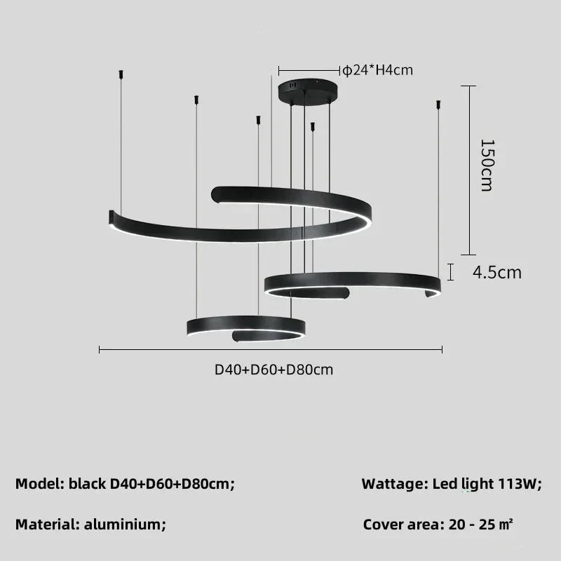 Minimalist geometric LED pendant light with three circular black aluminium rings, adjustable height, and 113W power, covering 20-25 square meters.