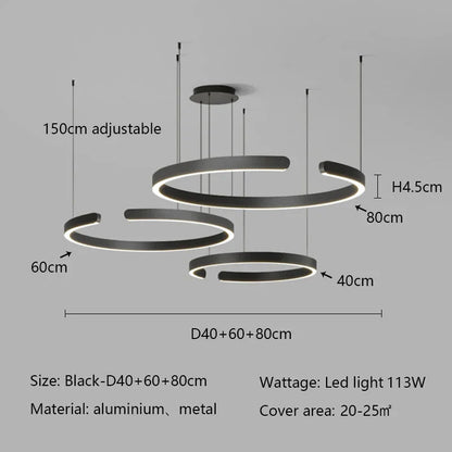 LED pendant light with adjustable rings, modern minimalist design, black finish, size options D40/60/80cm, aluminum material, 113W, covers area 20-25m².