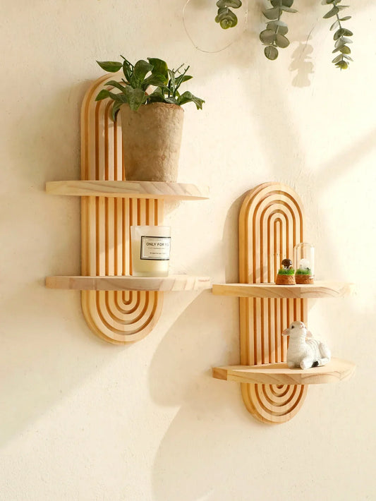 Boho style wooden oval wall shelves with natural wood finish, displaying plants and decor items.