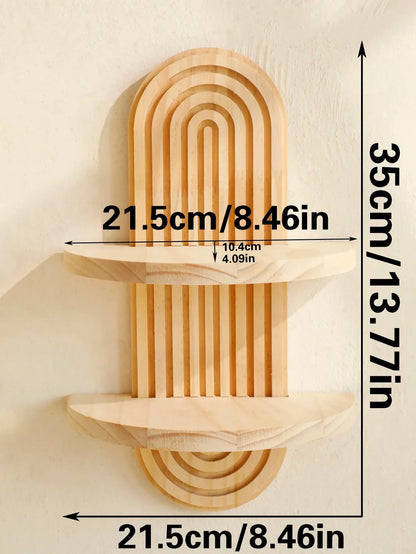 Oval wooden wall shelves with boho design for home decor.