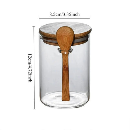 Airtight spice storage jar with bamboo lid and spoon, measuring 8.5cm x 12cm.