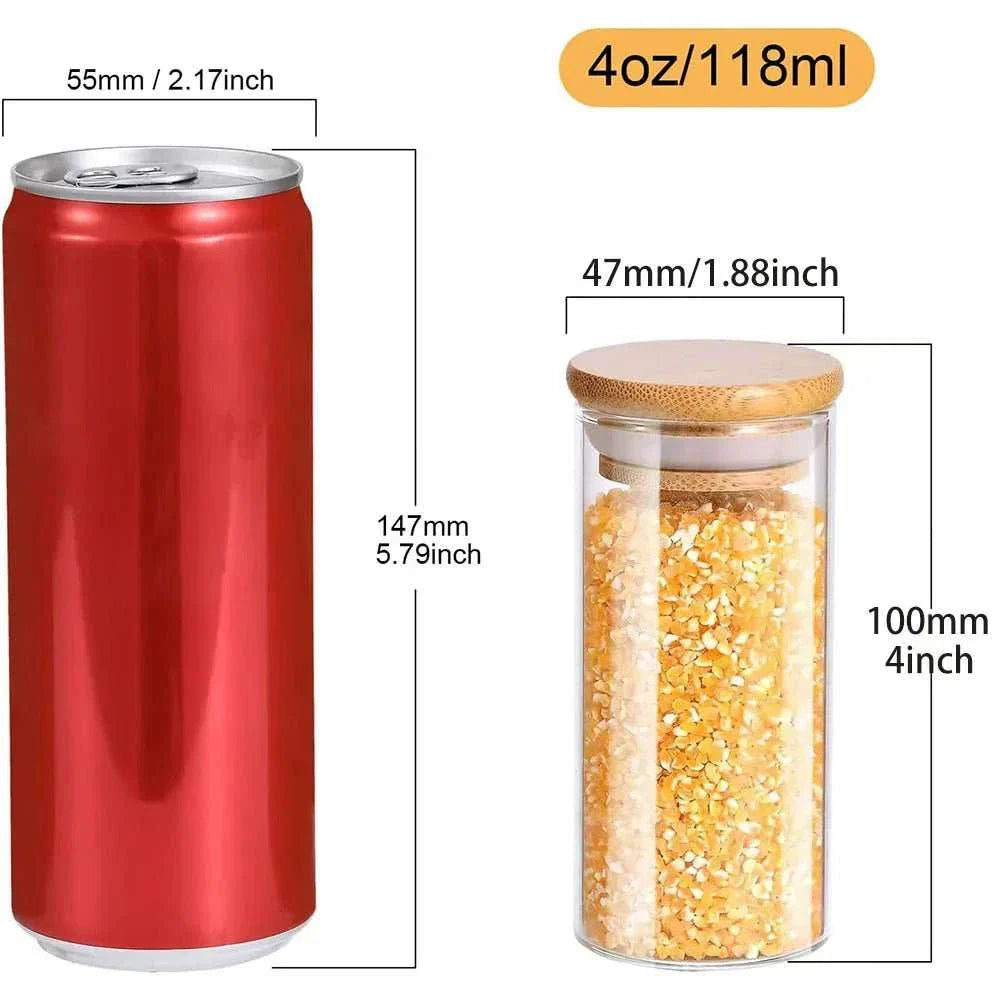 Glass spice jar with bamboo lid, 4oz capacity, featuring airtight seal for freshness.