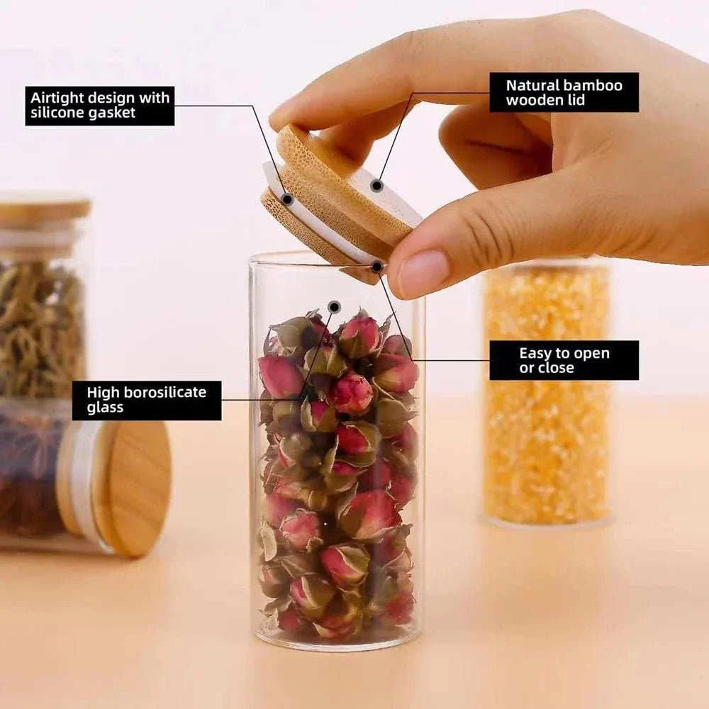 Glass spice jar with bamboo lid, airtight silicone seal, holding dried herbs, easy to open, minimalist design.