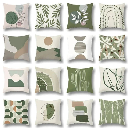 Green leaf and abstract design pillowcase collection in soft fabric with various artistic patterns, perfect for home décor.