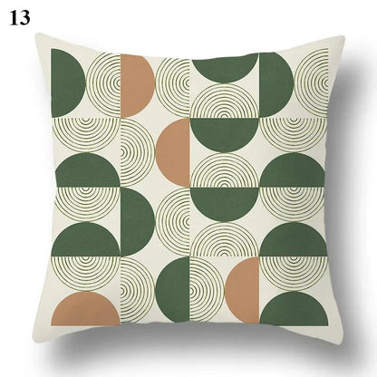 Green leaf and abstract patterned pillowcase with geometric design, square shape, made of polyester.