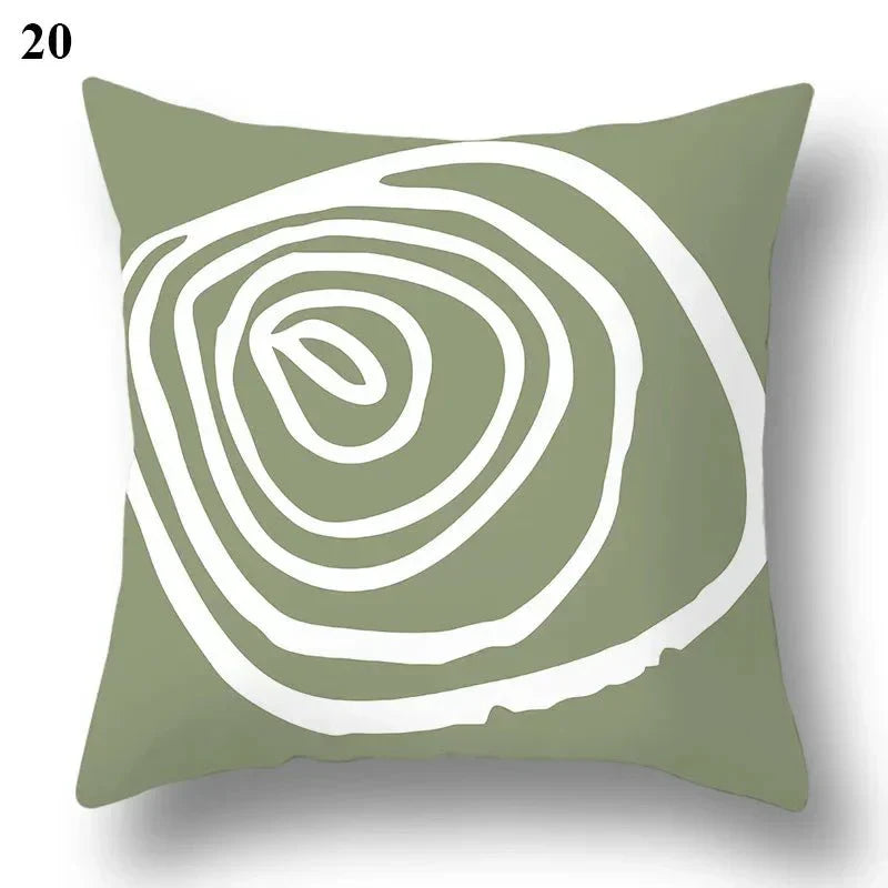 Green leaf and abstract pillowcase with minimalist design, soft polyester fabric, 45×45 cm size.