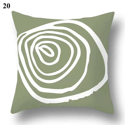 Green leaf and abstract pillowcase with minimalist design, soft polyester fabric, 45×45 cm size.