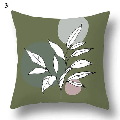 Green leaf and abstract pattern pillowcase, soft polyester cushion cover, 45x45 cm, botanical style.