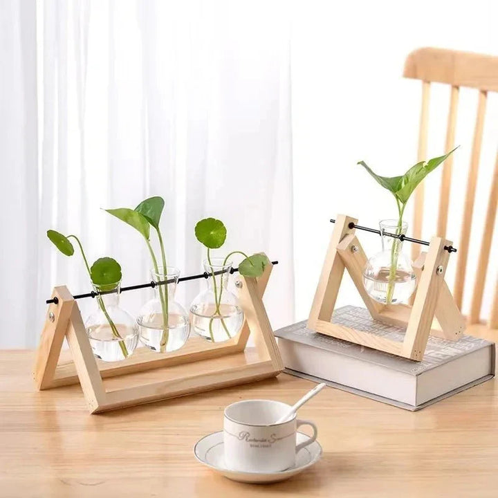 GRENEA™ Hydroponic Planter – Wooden Stand with Glass Vases - 