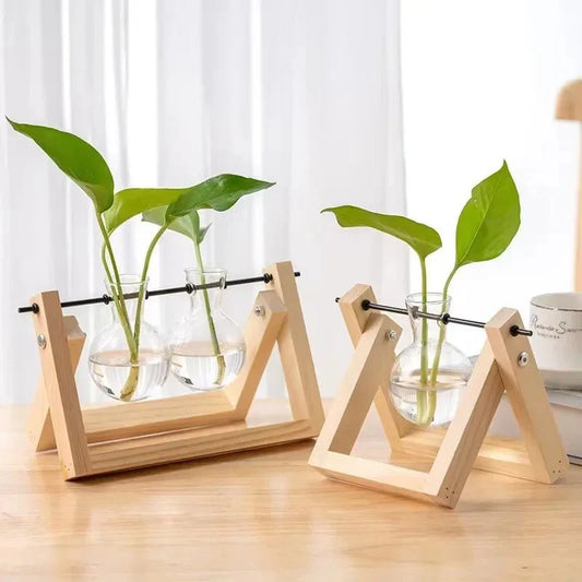 GRENEA™ Hydroponic Planter – Wooden Stand with Glass Vases - 