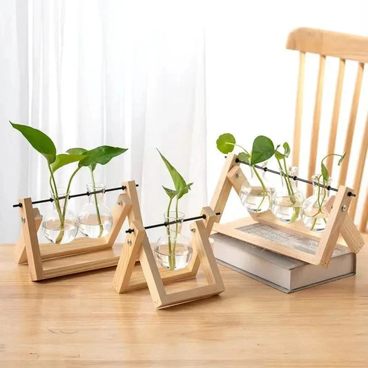 GRENEA™ Hydroponic Planter – Wooden Stand with Glass Vases - 