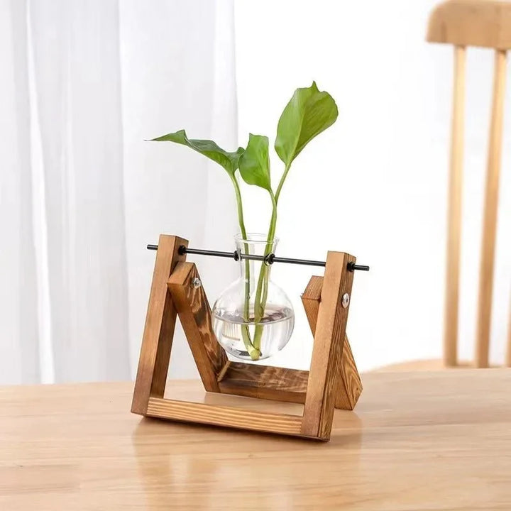 GRENEA™ Hydroponic Planter – Wooden Stand with Glass Vases - 