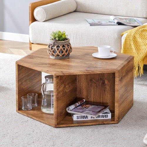 Hexagonal coffee table NIDOLO™ – Compact wood - look design with open storage - coffe table