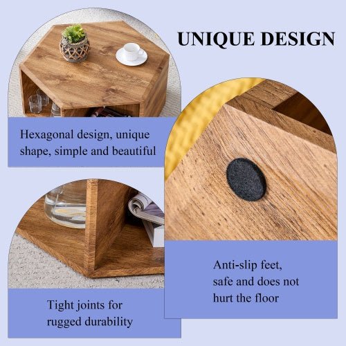 Hexagonal coffee table NIDOLO™ – Compact wood - look design with open storage - coffe table
