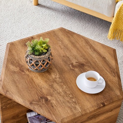 Hexagonal coffee table NIDOLO™ – Compact wood - look design with open storage - coffe table