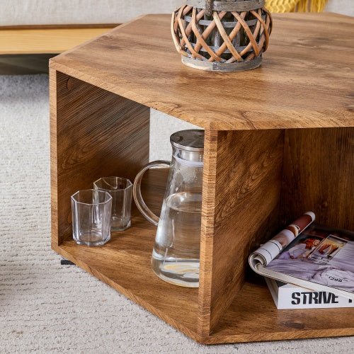 Hexagonal coffee table NIDOLO™ – Compact wood - look design with open storage - coffe table