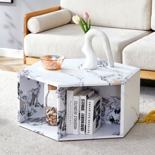 Hexagonal coffee table NIDOLO™ – Compact wood - look design with open storage - coffe table