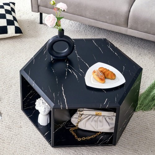 Hexagonal coffee table NIDOLO™ – Compact wood - look design with open storage - coffe table