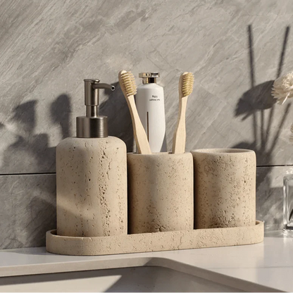 Stone effect LINCE™ bathroom organizer with toothbrush holders and pump dispenser.